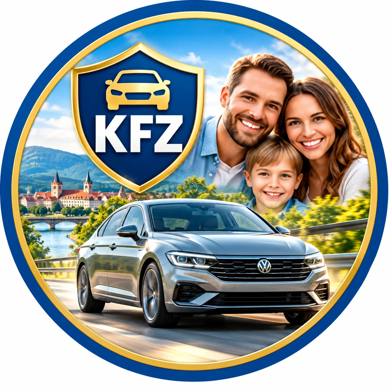 KFZ-Versicherung: Auto und Familie in rundem blau-goldenem Motiv
